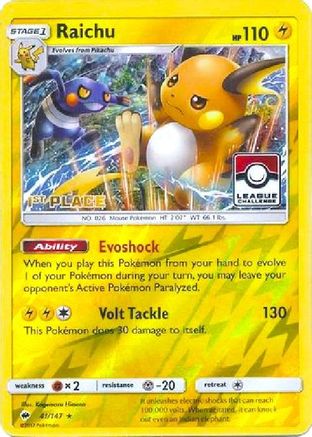 Raichu - 41/147 (League Challenge) [1st Place] (41) [League & Championship Cards] Reverse Holofoil