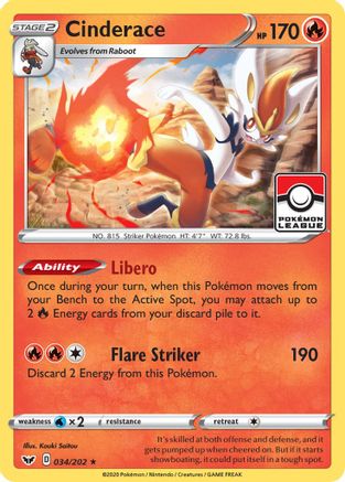 Cinderace - 034/202 (Pokemon League) (34) [League & Championship Cards] Reverse Holofoil
