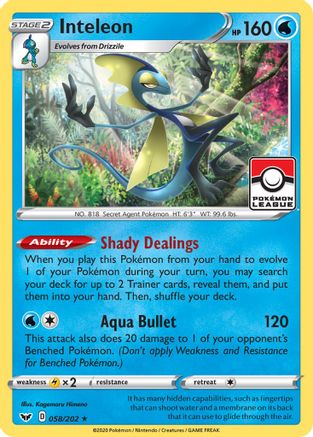 Inteleon - 058/202 (Pokemon League) (58) [League & Championship Cards] Reverse Holofoil
